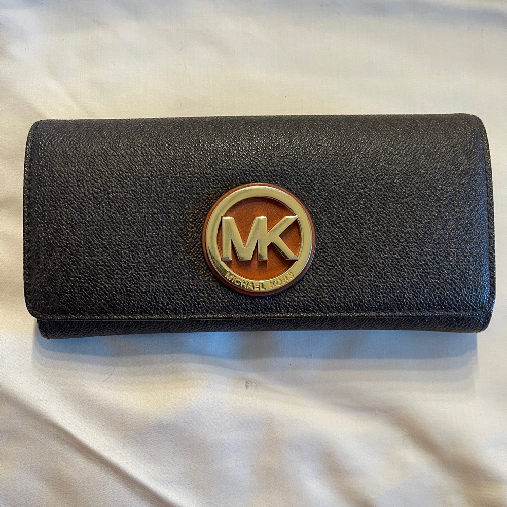Michael Kors Leather Continental Wallet with Gold MK Emblem